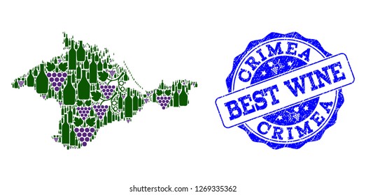 Vector collage of grape wine map of Crimea and grunge seal for best wine. Map of Crimea collage formed with bottles and grape berries.