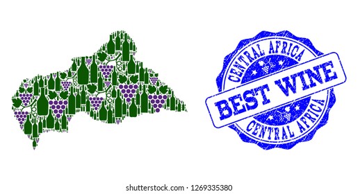 Vector collage of grape wine map of Central African Republic and grunge seal stamp for best wine. Map of Central African Republic collage created with bottles and grape berries.