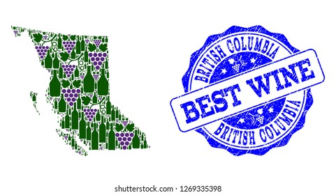 Vector collage of grape wine map of British Columbia Province and grunge seal for best wine. Map of British Columbia Province collage composed with bottles and grape berries.