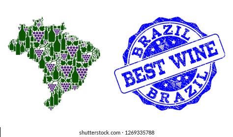 Vector collage of grape wine map of Brazil and grunge seal for best wine. Map of Brazil collage composed with bottles and grape berries.