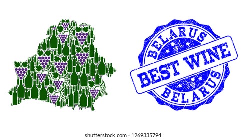 Vector collage of grape wine map of Belarus and grunge seal stamp for best wine. Map of Belarus collage created with bottles and grape berries.