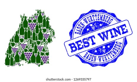 Vector collage of grape wine map of Baden-Wurttemberg State and grunge seal for best wine. Map of Baden-Wurttemberg State collage created with bottles and grape berries.