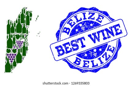 Vector collage of grape wine map of Belize and grunge seal for best wine. Map of Belize collage created with bottles and grape berries.