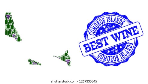 Vector collage of grape wine map of Comoros Islands and grunge seal stamp for best wine. Map of Comoros Islands collage created with bottles and grape berries.