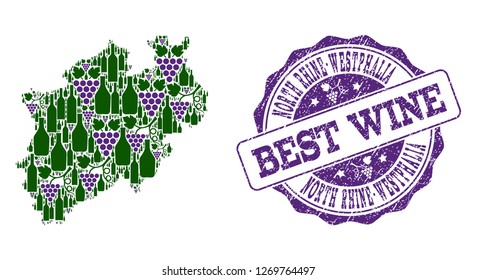 Vector collage of grape wine map of North Rhine-Westphalia State and grunge stamp for best wine. Map of North Rhine-Westphalia State collage created with bottles and grape berries.