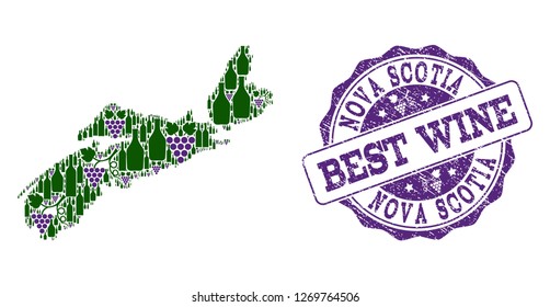Vector collage of grape wine map of Nova Scotia Province and grunge seal for best wine. Map of Nova Scotia Province collage formed with bottles and grape berries.