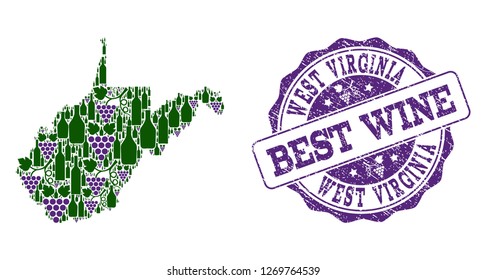 Vector collage of grape wine map of West Virginia State and grunge seal stamp for best wine. Map of West Virginia State collage formed with bottles and grape berries.