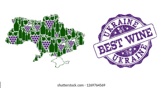 Vector collage of grape wine map of Ukraine and grunge stamp for best wine. Map of Ukraine collage designed with bottles and grape berries.