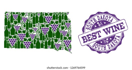 Vector collage of grape wine map of South Dakota State and grunge seal for best wine. Map of South Dakota State collage created with bottles and grape berries.
