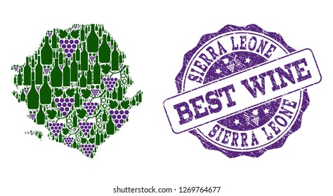 Vector collage of grape wine map of Sierra Leone and grunge seal stamp for best wine. Map of Sierra Leone collage created with bottles and grape berries.