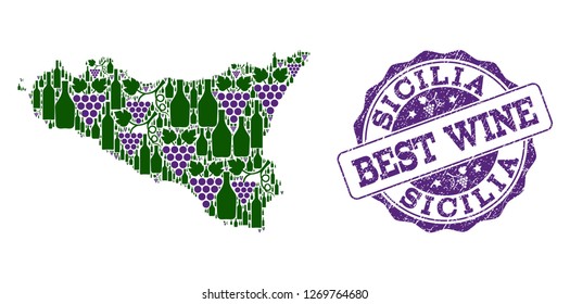 Vector collage of grape wine map of Sicilia Island and grunge stamp for best wine. Map of Sicilia Island collage created with bottles and grape berries.