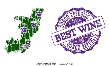 Vector collage of grape wine map of Republic of the Congo and grunge seal for best wine. Map of Republic of the Congo collage formed with bottles and grape berries.