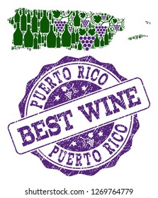 Vector collage of grape wine map of Puerto Rico and grunge seal stamp for best wine. Map of Puerto Rico collage designed with bottles and grape berries.