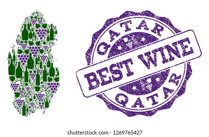 Vector collage of grape wine map of Qatar and grunge seal for best wine. Map of Qatar collage created with bottles and grape berries.