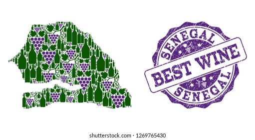 Vector collage of grape wine map of Senegal and grunge stamp for best wine. Map of Senegal collage composed with bottles and grape berries.