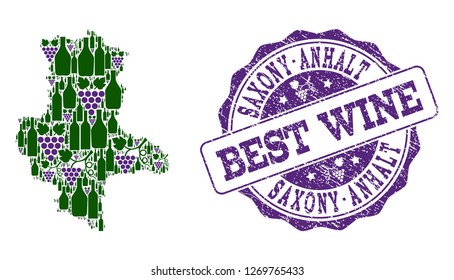 Vector collage of grape wine map of Saxony-Anhalt State and grunge seal for best wine. Map of Saxony-Anhalt State collage composed with bottles and grape berries.