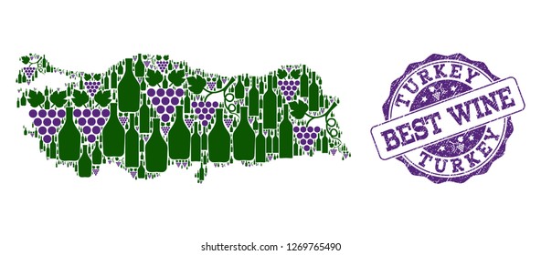 Vector collage of grape wine map of Turkey and grunge stamp for best wine. Map of Turkey collage formed with bottles and grape berries.