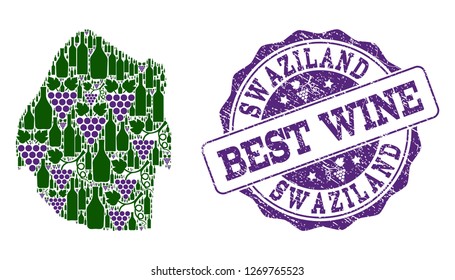Vector collage of grape wine map of Swaziland and grunge seal for best wine. Map of Swaziland collage created with bottles and grape berries.