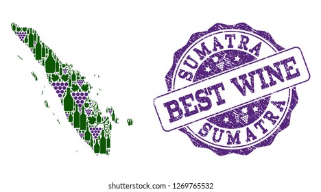 Vector collage of grape wine map of Sumatra Island and grunge stamp for best wine. Map of Sumatra Island collage created with bottles and grape berries.