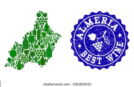 Vector collage of grape wine map of Almeria Spanish Province and blue grunge stamp for best wine awards. Map of Almeria Spanish Province collage composed with green bottles and grape berries.