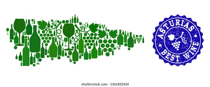 Vector collage of grape wine map of Asturias Spanish Province and blue grunge stamp for best wine awards. Map of Asturias Spanish Province collage designed with green bottles and grape berries.