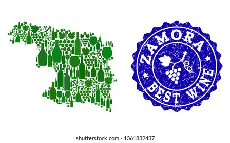 Vector collage of grape wine map of Zamora Spanish Province and blue grunge stamp for best wine awards. Map of Zamora Spanish Province collage created with green bottles and grape berries.