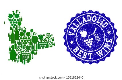 Vector collage of grape wine map of Valladolid Spanish Province and blue grunge seal for best wine awards. Map of Valladolid Spanish Province collage created with green bottles and grape berries.