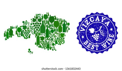 Vector collage of grape wine map of Vizcaya Spanish Province and blue grunge stamp for best wine awards. Map of Vizcaya Spanish Province collage formed with green bottles and grape berries.