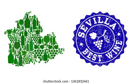 Vector collage of grape wine map of Sevilla Spanish Province and blue grunge seal for best wine awards. Map of Sevilla Spanish Province collage formed with green bottles and grape berries.