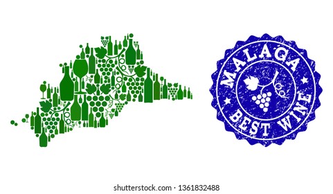 Vector collage of grape wine map of Malaga Spanish Province and blue grunge seal for best wine awards. Map of Malaga Spanish Province collage created with green bottles and grape berries.
