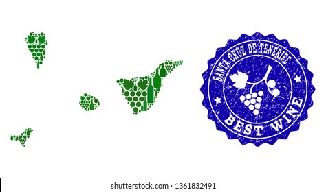 Vector collage of grape wine map of Santa Cruz de Tenerife Spanish Province and blue grunge seal stamp for best wine awards.