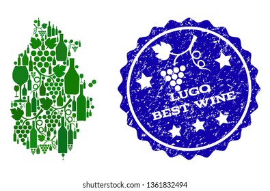 Vector collage of grape wine map of Lugo Spanish Province and blue grunge seal for best wine awards. Map of Lugo Spanish Province collage formed with green bottles and grape berries.