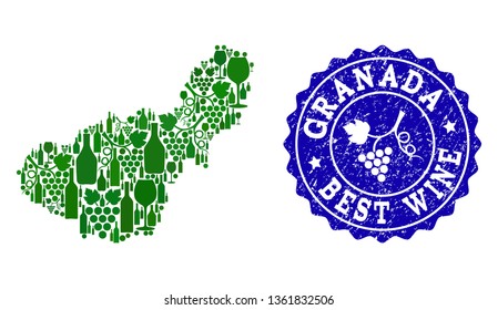 Vector collage of grape wine map of Granada Spanish Province and blue grunge seal stamp for best wine awards. Map of Granada Spanish Province collage formed with green bottles and grape berries.