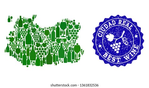 Vector collage of grape wine map of Ciudad Real Spanish Province and blue grunge stamp for best wine awards. Map of Ciudad Real Spanish Province collage composed with green bottles and grape berries.