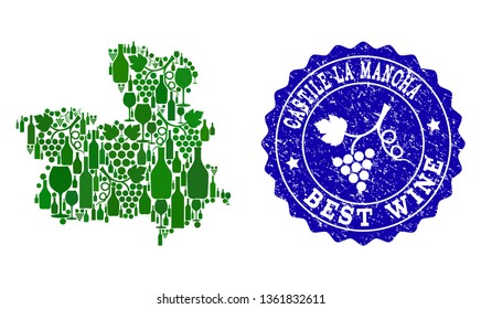 Vector collage of grape wine map of Castile-La Mancha Spanish Province and blue grunge seal stamp for best wine awards. Map of Castile-La Mancha Spanish Province collage created with green bottles and