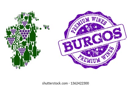 Vector collage of grape wine map of Burgos Province and purple grunge stamp for premium wines awards. Map of Burgos Province collage designed with bottles and grape berries.