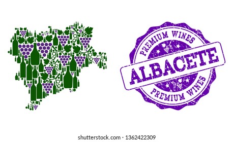Vector collage of grape wine map of Albacete Province and purple grunge stamp for premium wines awards. Map of Albacete Province collage designed with bottles and grape berries.