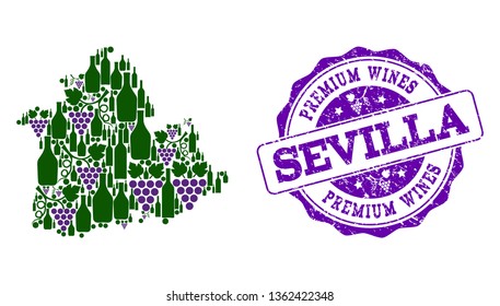 Vector collage of grape wine map of Sevilla Province and purple grunge seal stamp for premium wines awards. Map of Sevilla Province collage created with bottles and grape berries.