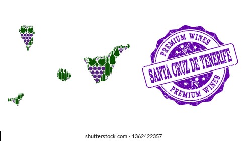 Vector collage of grape wine map of Santa Cruz de Tenerife Province and purple grunge seal for premium wines awards.