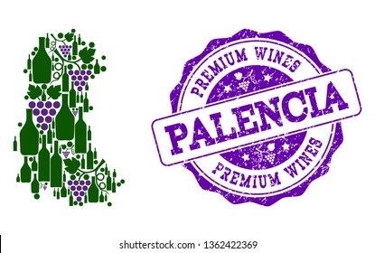 Vector collage of grape wine map of Palencia Province and purple grunge seal stamp for premium wines awards. Map of Palencia Province collage formed with bottles and grape berries.
