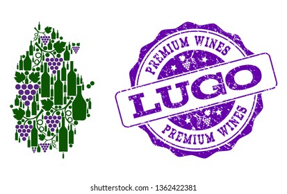 Vector collage of grape wine map of Lugo Province and purple grunge stamp for premium wines awards. Map of Lugo Province collage designed with bottles and grape berries.