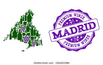Vector collage of grape wine map of Madrid Province and purple grunge stamp for premium wines awards. Map of Madrid Province collage designed with bottles and grape berries.