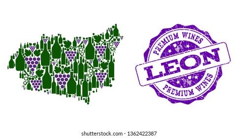 Vector collage of grape wine map of Leon Province and purple grunge seal for premium wines awards. Map of Leon Province collage composed with bottles and grape berries.