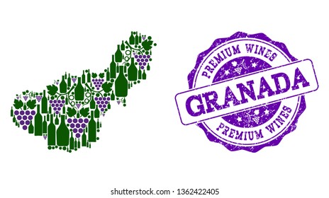 Vector collage of grape wine map of Granada Province and purple grunge seal for premium wines awards. Map of Granada Province collage composed with bottles and grape berries.