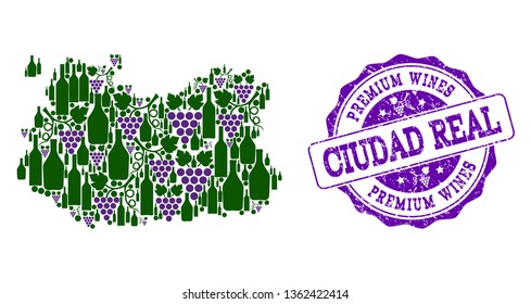 Vector collage of grape wine map of Ciudad Real Province and purple grunge seal for premium wines awards. Map of Ciudad Real Province collage created with bottles and grape berries.