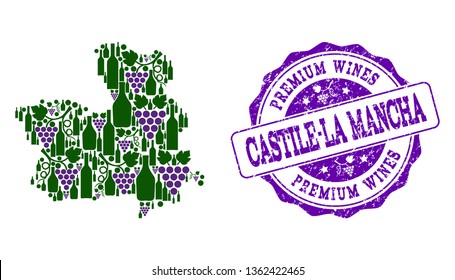 Vector collage of grape wine map of Castile-La Mancha Province and purple grunge seal for premium wines awards. Map of Castile-La Mancha Province collage created with bottles and grape berries.