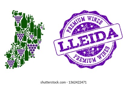 Vector collage of grape wine map of Lleida Province and purple grunge seal stamp for premium wines awards. Map of Lleida Province collage composed with bottles and grape berries.