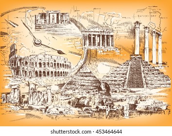 Vector collage of graphic images of the ruins of ancient civilizations and ancient architecture of different peoples and eras. 