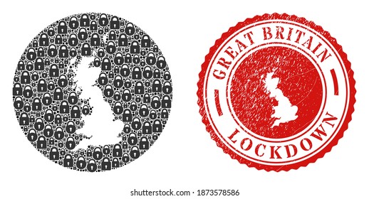 Vector collage Great Britain map of locks and grunge LOCKDOWN stamp. Mosaic geographic Great Britain map designed as carved shape from round shape with black locks.