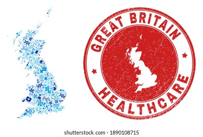 Vector collage Great Britain map with dose icons, laboratory symbols, and grunge healthcare stamp. Red round stamp with grunge rubber texture and Great Britain map text and map.